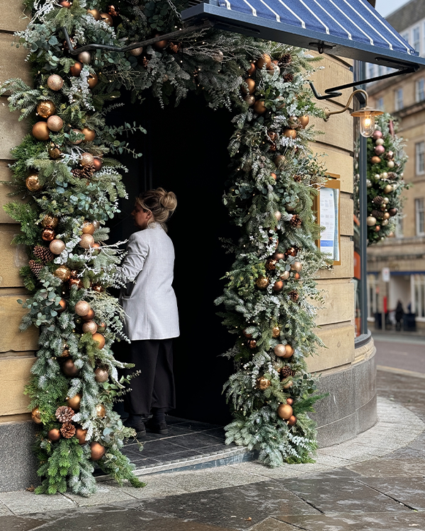 Cote London restaurant exterior branded festive wreath decoration display