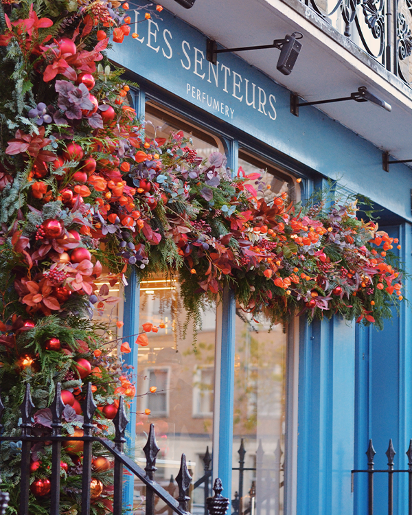 Les Senteurs London perfume shop front with bespoke professional Christmas decorations