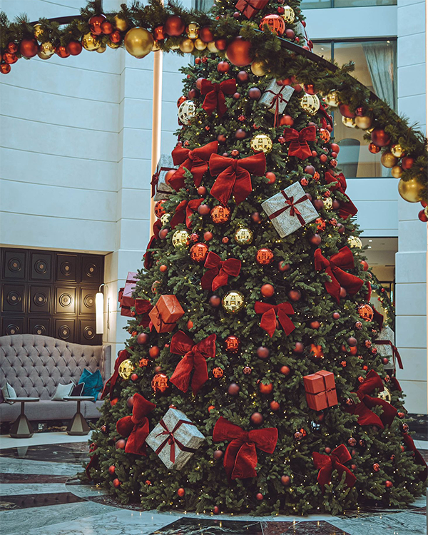 Luxury large decoration Christmas tree in hotel business reception in Berkshire