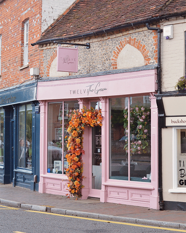 Autumnal small business shop front decoration at restaurant in Buckinghamshire