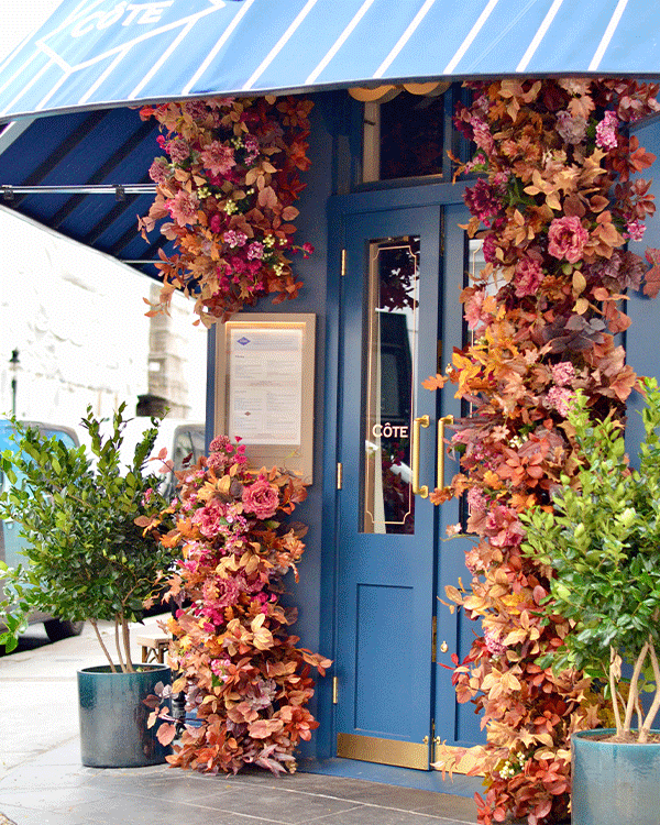 Shop front seasonal event decoration at restaurant in London
